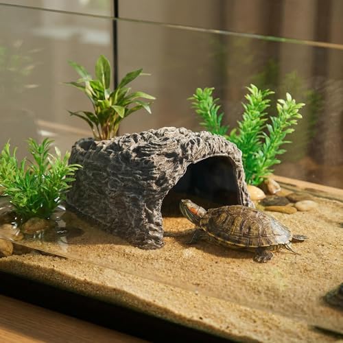 Extra Large Reptile Hideouts Cave, Resin Tortoise Hide Cave, Rock Basking Habitat Decor for Bearded Dragon, Leopard Gecko, Snake, Turtle, Lizard, Frog, Terrarium Aquarium Hideout(Large Size) - size: 9.3*8.1*5inch
