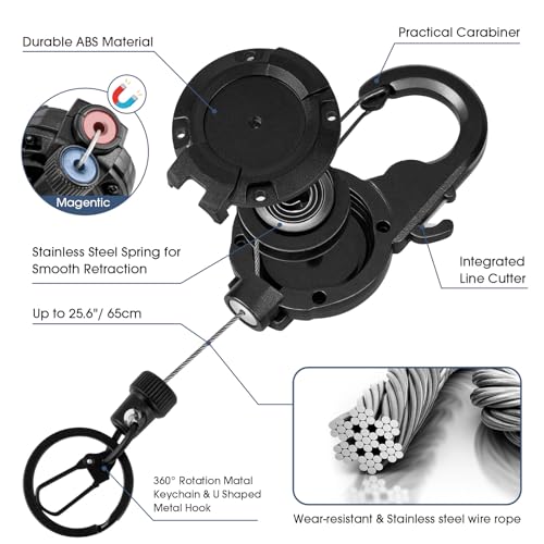 Fly Fishing Zinger Retractor,26" Stainless Steel Wire Rope, with Integrated Line Cutter and Magnetic Closure,360° Rotation Keychain & Carabiner Clip for Fly Fishing,Cycling,Hiking