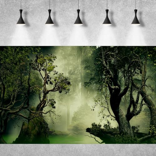 Forest Aquarium Background Jungle Plants Old Trees Reptile Habitat Background Fantasy Misty Foggy Rainforest Natural Landscape Fish Tank Background Misty Forest Terrarium Background Vinyl 24x12in - color: Grey, size: 24(W)x12(H)in