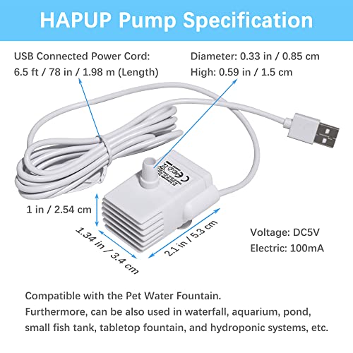 HAPUP Cat Water Fountain Pump Silent DC5V Original Pet Drinking Fountain Replacement Pump (170L/H) with 6.5ft USB Power Cord for 61OZ/1.8L HAPUP Dog Water Fountain Fish Tank Hydroponics (No Adapter)