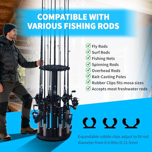 360° Rotating Wood Fishing Rod Holder, Black Round Fishing Pole Rack, Floor-Standing Fishing Rack Stores 16 Rods, Fishing Pole Storage Organizer for Garage, Basement, or Shed, Easy to Install - color: Black, size: Round
