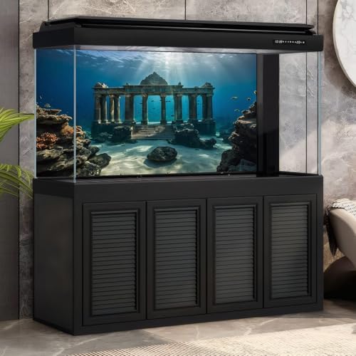 Under The Sea Scene Aquarium Background Tranquil Underwater Ancient Temple Fish Tank Background Deep Blue Sea Sunray Terrarium Backgrounds Blue Ocean Sunken Temple Reptile Tank Backgrounds 48x18in - color: Blue_Dark Brown, size: 48(W)x18(H)in