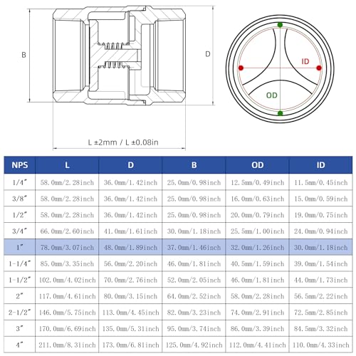 1" NPT Stainless Steel Spring Check Valve, WOG1000 NPT Thread unleaded In-Line Vertical Check Valve Non Return One Way Counterflow to Prevent the Medium Backflow for Oil Water Gas Air DN25 - size: 1"-NPT