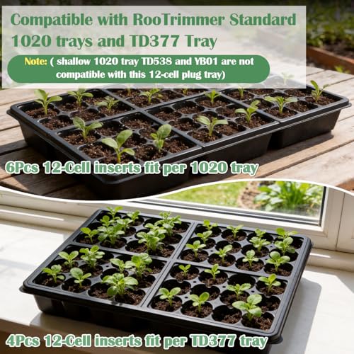 RooTrimmer 60 Pack Reusable 12-Cell Seed Starter Tray, Plant Starter Trays with Large Drainage Holes for Seed Germination, Easy to Repotted, Fits Standard 1020 Flats and TD377 Trays, Black - color: Black, size: 12 Cells-60P