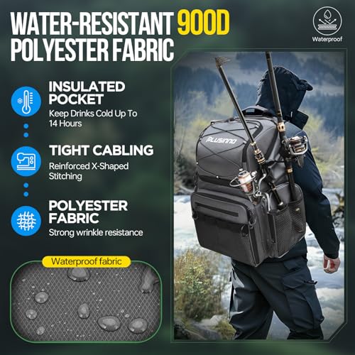 PLUSINNO Cooler Fishing Backpack with Rod Holders 45L Large Water-resistant Fishing Tackle bag Store Fishing Gear Fishing Gifts for Men Father - color: Grey Jacquard