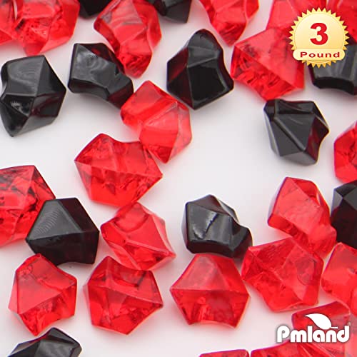 PMLAND Clear Fake Ice Rocks – 550 Pcs Large Acrylic Gems Crushed Plastic Diamonds, Black & Red (3Lbs/2.25 Quarts) – Bulk Vase Filler for Centerpieces Theme Décor Aquarium Table Scatter - color: Red and Black