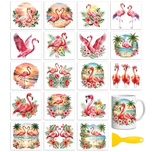 Peacoblue 18 Sheets Rub on Transfers for Crafts, Summer Flamingos 3.6"x3.9" UV DTF Cup Wraps Waterproof Cold Transfers Stickers for Wood Glass Metal Cup Tumblers Mirrors Mugs Home Decor - style: Summer Flamingos