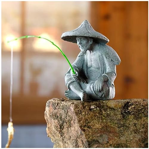 livelyfish Mini Fisherman Statue Asian Zen Decoration Sitting Fishing Figurines Sandstone Vintage Ornament for Aquarium Fish Tank Pot Garden Home Japanese Decor, C - color: Yellow