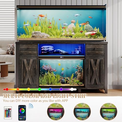55-75 Gallon Fish Tank Stand with Power Outlet & LED Lights, Heavy Duty Aquarium Stand with Storage Drawers & Barn Doors, Reptile Tank Cabinet for Turtle, Reptile Terrarium, Dark Oak - color: Dark Oak