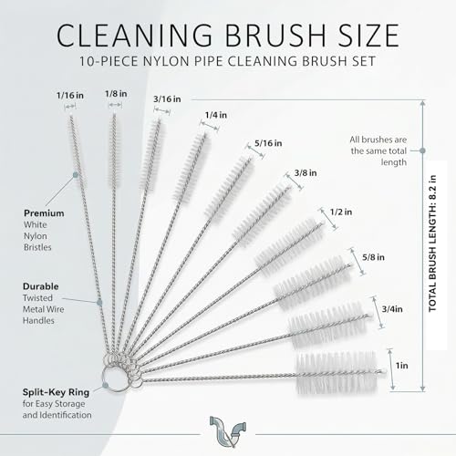 Mini Straw & Pipe Cleaning Nylon Brushes | 10 Brush Set | 8 inch Length | Flexible, Non-Scratch, Rust-Resistant Steel Handle | Reusable Straws, Pipes, Tubes, Mini Bottles etc