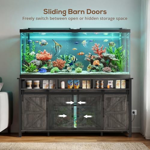 VOWNER 75-120 Gallon Fish Tank Stand with Power Outlet, Farmhouse Aquarium Stand with Storage Cabinet & Sliding Barn Doors, Heavy Duty Reptile Tank Stand, for 2 Tanks, 1000LBS Capacity, Grey - color: Grey