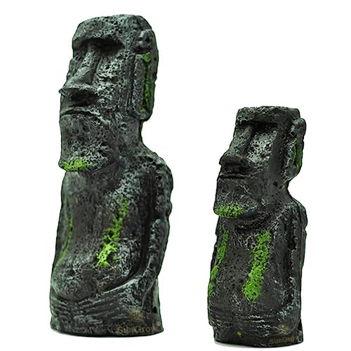 SunGrow Betta Fish Moai Decor, 7" and 5", Hollow Resin Replicas of Easter Island Statues, Freshwater, Saltwater Tank Decor, Terrariums and Vivariums, 2 Pcs per Pack