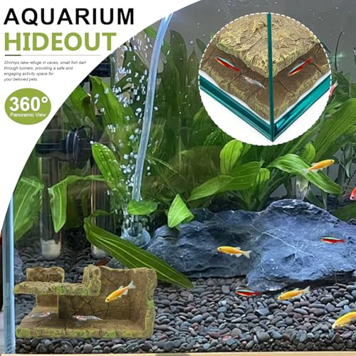 Aquarium Cave Fish Hideout for Betta & Shrimp, Rock-Texture Corner Tunnel for Fish Tank, Small Aquarium Hideout Decor for Betta, Corydoras, Loaches & Shrimp