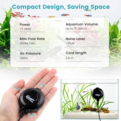 hygger Quiet Mini Air Pump for Aquarium 1.5 Watt Oxygen Fish Air Pump for 1-15 Gallon Fish Tank with Air Stone Air Tubing Clip Black - color: Black