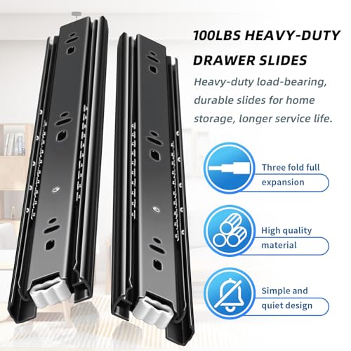Drawer Slides 1 Pair Full Extension 10 12 14 16 18 20 22 24 inch Side Mount Rails Dresser Cabinet Bracket Replacement Ball Bearing Tracks Guide Metal Runner 100 LB (Basic-1 Pair, 12 Inch) - size: 12 Inch, style: Basic-1 pair