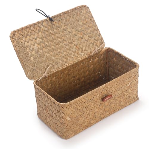 DOKOT Rectangular Handwoven Seagrass Small Storage Basket with Lid for Shelves and Home Organizer Bins,S (10.2"x5.5"x4.3"H), Natural - size: S (10.2"x5.5"x4.3"H)