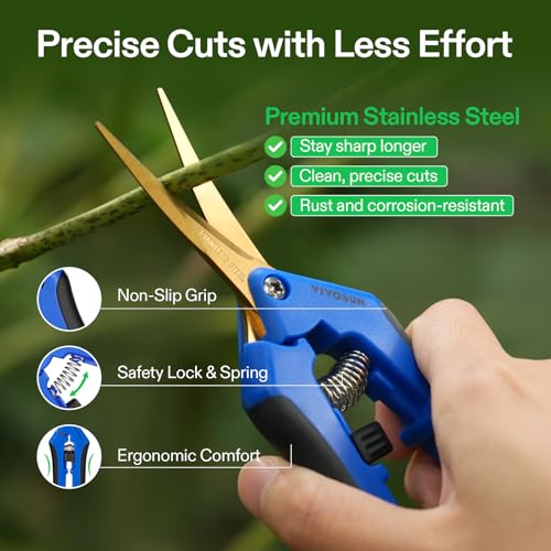 VIVOSUN 6-Pack 6.5 Inch Gardening Scissors Hand Pruner Pruning Shear with Titanium Coated Curved Precision Blades - style: Blue Curved Blade