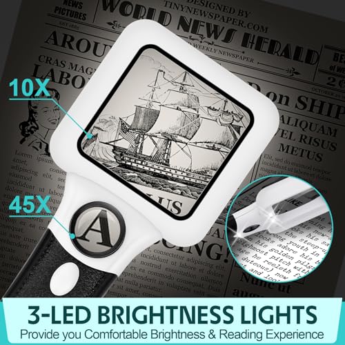 Compact Magnifying Glass with Lights,45X 10X Small Handheld Lighted Magnifier,3 LED Light Magnifying Glass for Reading Small Prints & Low Vision Seniors Rectangle 2PACK - color: 2 Pack Black Handle&white Frame