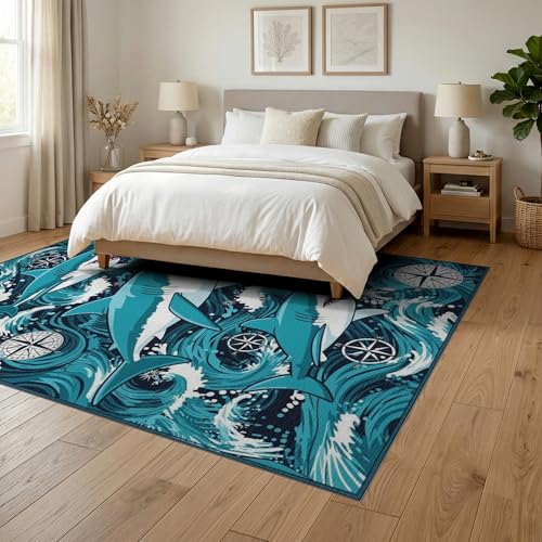 6'x9' Washable Graphic Wave Area Rug, Teal Foldable Non-Slip Large Carpet Foldable Easy Care Carpet for Queen Size Bedroom, Under Bed, Master Bedroom | Ref:2068650 - color: Blue/Pattern 14, size: 6' x 9' (Rectangular)