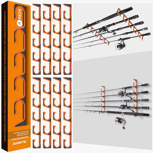 PLUSINNO H5 Horizontal Fishing Rod/Pole Holders for Garage, Wall Ceiling Mounted Fishing Rod Holder, Aviation Aluminum Fishing rod rack Holds up to 5/10/20 Rod or Combos Fishing Gear and Gifts for Men - color: Orange Aluminum-h5 4pack New(store 20 Fishing