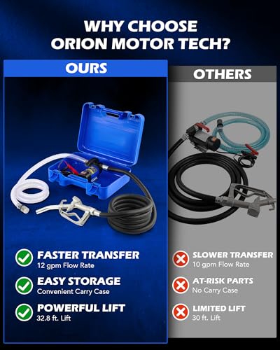 Orion Motor Tech Diesel Transfer Pump Kit, 12V Fuel Transfer Pump Kit with Nozzle & Hoses, Portable Electric Fuel Pump for Kerosene Diesel with Carry Case, Automotive Self Priming Oil Extractor - color: 12GPM Diesel Pump Kit with Case