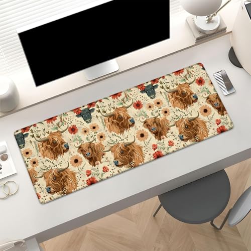 Cute Highland Cow Gaming Mouse Pad, Rustic Floral with Cattle Large Desk Mat for Computer, Extended Keyboard Laptop Mouse Pads 31.5×11.8in, Non Slip Rubber Mousepad for Office Decor Gifts - color: Highland Cow21