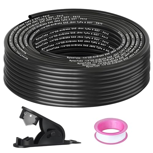 1/4" OD x100FT DOT Air Line Black SAE J 844 PA12 Nylon Air Brake Tubing with Cutter and Teflon Tape, Pneumatic Nylon Air Line Hose for Semi Truck Trailer Air Brake System & Fluid Transfer - size: 100FT-1/4"OD