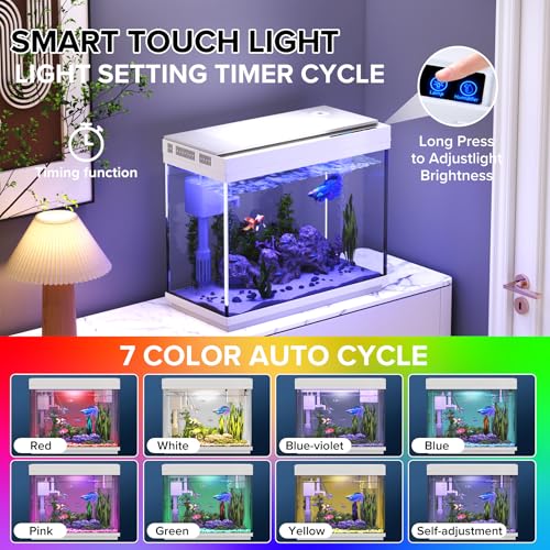Fish Tank 2.4 Gallon Aquarium Kit with Humidifier 7-Color Auto-Looping 3 in 1 Quiet Pump with Filteration & Oxygenation & Circulation, Temperature Display, HD Glass - color: White