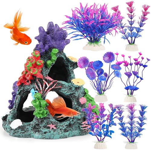 MyLifeUNIT Fish Tank Decorations, 7 Pieces Aquarium Plants Set with Coral Reef Decoration Mountain Cave Ornament for Betta, Goldfish, Shrimp to Breed, Play and Rest (Purple) - color: Purple
