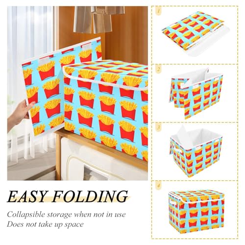 Storage Box French Fries Storage Bins with Lids, Larger Collapsible Fabric Storage Baskes with Handles for Living Room, Playroom, Bedroom, Nursery 16.5x12.6x11.8 Inch