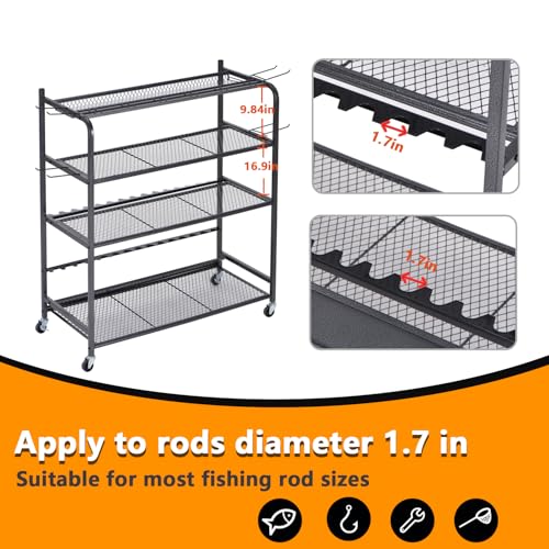 Heavy Duty Fishing Rod Rack, Fishing Organizer for Garage, Fishing Gear Holder for Garage with Movable Wheels - size: 15 Rods & Reel Storage