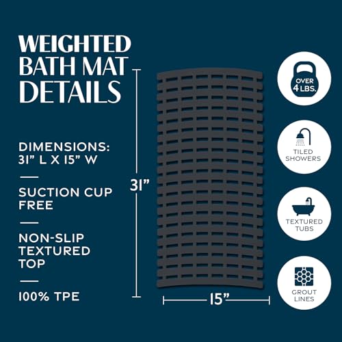 SlipX Solutions Weighted Non Slip Bath Mat for Textured Tub & Shower Surfaces, Patent Pending, Anti Slip Bathtub Safety Without Suction Cups, Doesn’t Float, Works on Tile & Stone 31” x 15”, Black - color: Black