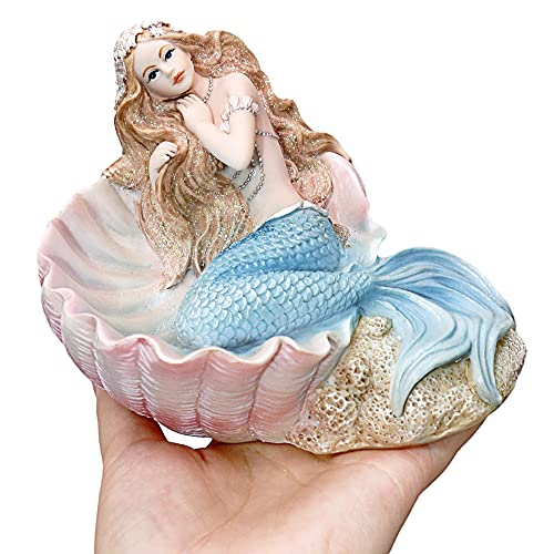 Rayberro 4.53" Mermaid Figurines Resin Blue Mermaid Sculpture Mediterranean Princess Statue Ornaments Home Office Desktop Bookshelf Decor Mermaid Collectible Crafts Fish Tank Aquarium Decoration - color: Blue Shell
