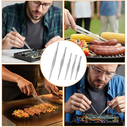 5 Pcs Stainless Steel Tweezers, Long Cooking Tweezers for Crafts with Precision Serrated Straight Tips, Non-slip Kitchen Tweezer for Crafting Baking Tank Aquarium Terrarium (16/17.5/19.5/25/30cm)