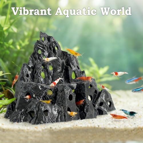 Rockery Cave, Aquarium Betta Fish Hideout Habitat Decor, Stable Resting Hiding Place for Cherry Shrimp, Dwarf Shrimp, Guppy and Small Fish (Black)