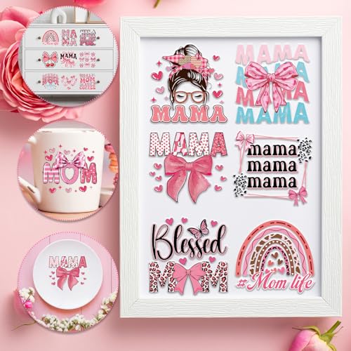 Rngmsi Mama UVDTF Cup Wrap - 20 Sheets Mom UV DTF Cup Wraps for 16 oz, Pink Bow Aesthetic Uvdtf Stickers for Glass Water Botters, Rainbow Flower Affirmative Rub on Transfer Decals - style: Mama