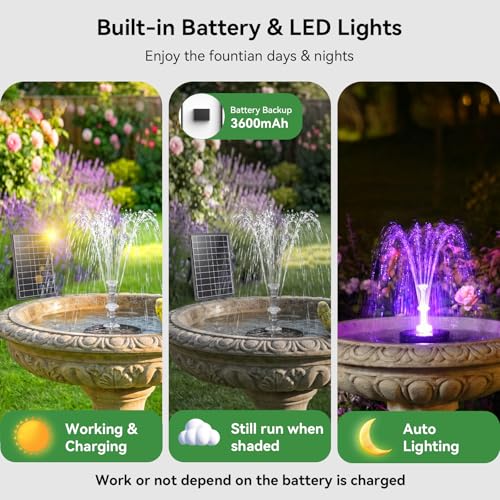 Antfraer 8W Solar Fountain Pump Built-in 3600mAh Battery & LED Lights, Solar Powered Water Pump with Double-Layer Nozzle & 5ft Tubing, Solar Water Fountain For Bird Bath Pond Garden DIY Water Features - size: 8W