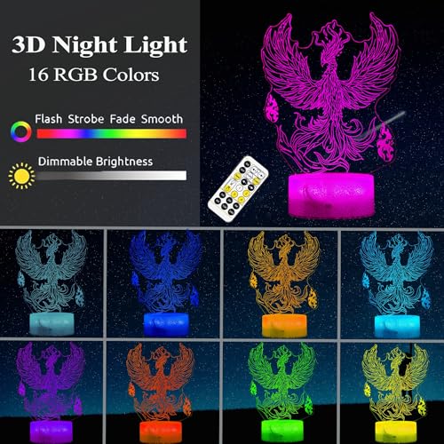 Phoenix Night Light, 3D Illusion Lamp, Phoenix Stuff with 16 Colors Changing, Remote Control, Dimmable, Kids Room Decoration, Xmas Holiday Gifts - color: Phoenix