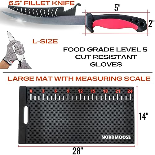 Fish Fillet Mat Kit with Fish Ruler Decal and Fillet Knife, Cutting Gloves. Large 28"x14" Nonslip Fish Cleaning Mat that Grips the Fish - Durable & Easy to Clean, Portable Fish Cutting Board