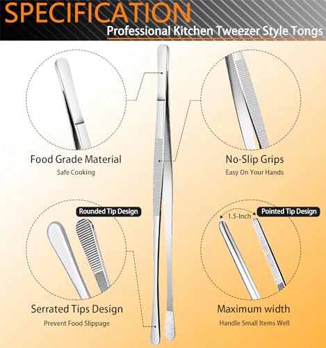 JETKONG 6 Pcs Cooking Tweezer Tongs, 12'' and 6.3" Stainless Steel Kitchen Tweezer Set, Professional Chef Tweezers for Cooking, Repairing, Sea Food, BBQ, Multi-use - color: Silver