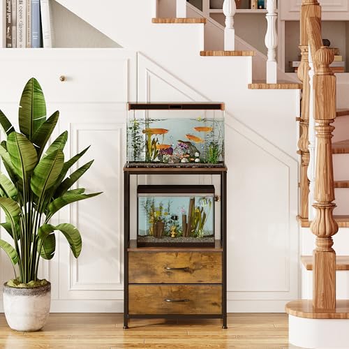 10 Gallon Aquarium Stand with 2-Tier Shelf Fish Tanks Stand with 2 Drawers Metal Frame Heavy Duty Reptile TurtleTank Stand with Storage for Home Offic Fish Tank Accessories Storage, Brown - color: Brown