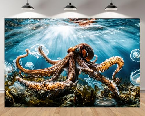 10x6.5ft Nautical Octopus Backdrop Underwater Jellyfish Sunlight Ocean Reef Background Marine Themed Party Birthday Aquarium Event Halloween Decor Photo Studio Booth Props Banner Wallpapers - size: 10x6.5FT