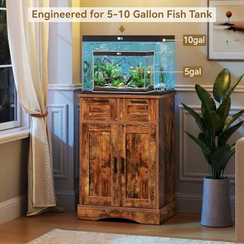 10 Gallon Aquarium Stand, Fish Tank Cabinet with 2 Drawers, Aquarium Stand for 5-10 Gallon Fish Tank Accessories Storage, 20.5" x 11.0" Tabletop, Rustic Brown PTBX02BR - color: Rustic Brown, size: 5-10 Gallon