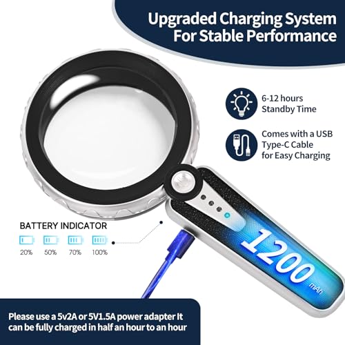 45X Magnifying Glass with Light, Rechargeable LED Magnifier for Reading | 1200mAh Battery • 6 Light Modes • Dual Acrylic Lenses • 4.6" Lens • Adjustable Brightness • 12 LEDs • Non-slip Handle - color: Black