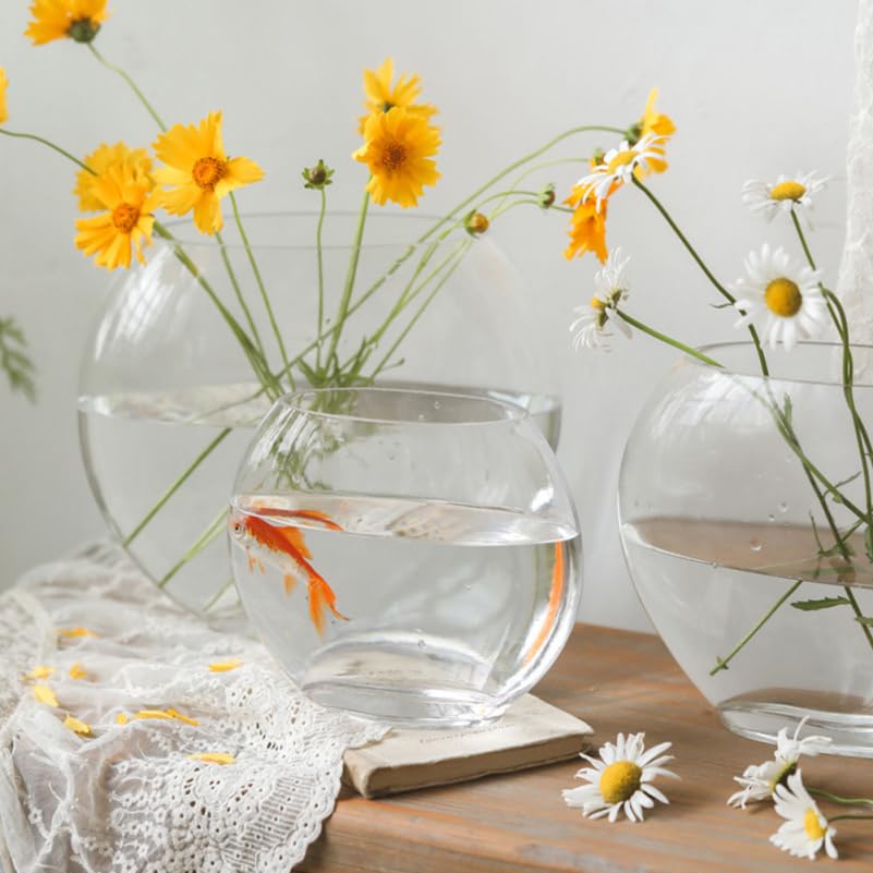 Multi-Function Glass Fish .84 Inch Transparent Aquarium Bowl with Fish Accessories for Home Desktop Office Decor - size: 28X23cm