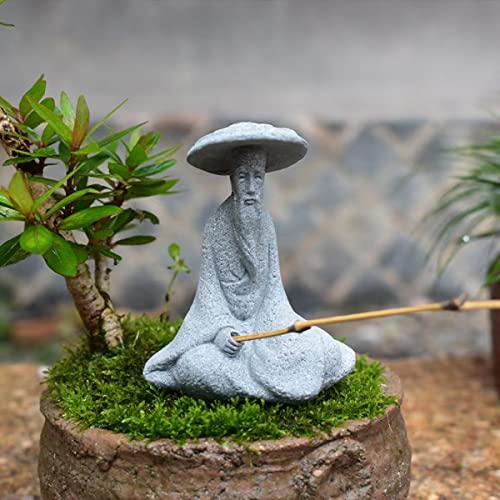 livelyfish Mini Fisherman Statue Asian Zen Decoration Sitting Fishing Figurines Sandstone Vintage Ornament for Aquarium Fish Tank Pot Garden Home Japanese Decor (B2) - color: B2