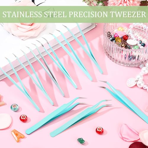 Honoson 9 Pieces Curved Pointed Craft Tweezers Stainless Steel Precision Tweezer with Protective Cover for Rhinestones Dried Flowers Craft Stickers Eyelash Extension Jewelry Making(Blue) - color: Blue