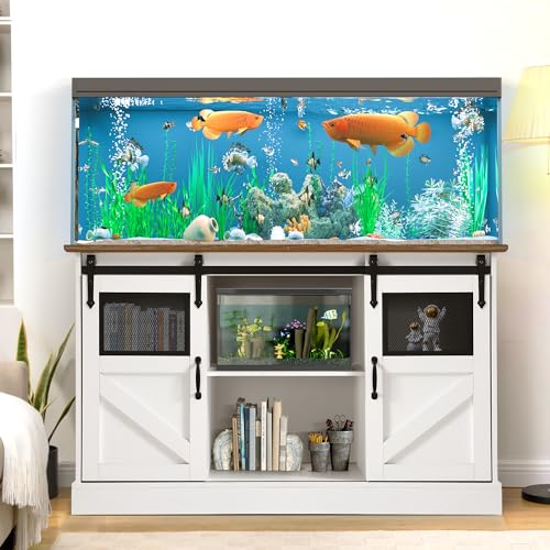 55-75 Gallon Fish Tank Stand with Sliding Barn Doors & Power Outlet, Heavy Duty Aquarium Stand with Cabinet Storage for 2 Fish Tank/Turtle Tank/Reptile Terrarium Accessories, 1260LBS (White) - color: White