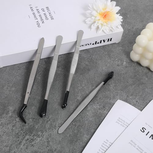 4 Pieces Rubber Tipped Tweezers PVC Rubber Coated Tip Bent and Straight Flat Tip Long Precision Tweezer for Crafts Lab Stamps Beads Hobby Jewelry Crafts Scrapbooking Tools (Black)