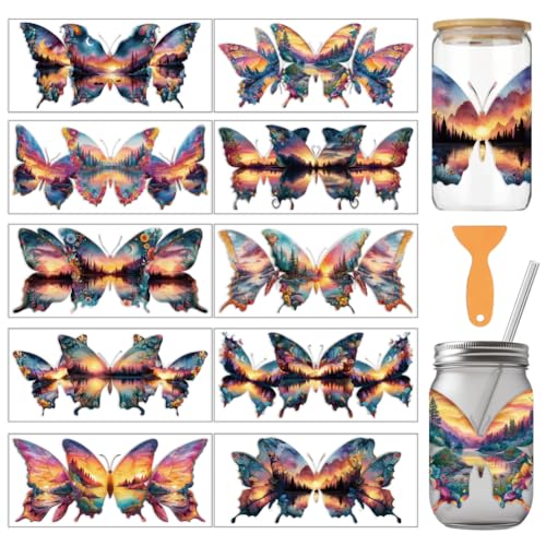 arricraft 10 Sheets Butterfly Scenery UV DTF Cup Wrap for 16OZ Glass, Sunset Scenery Butterflies River Rub on Decals PVC Transfer Stickers for DIY Cups Wood Funiture 24x11cm/9.4x4.3inch - style: Butterfly Scenery Theme